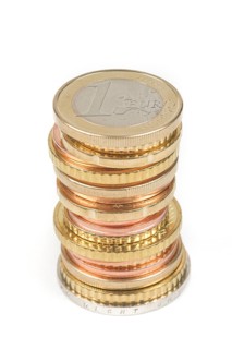 Stack of cent coins and euro coins