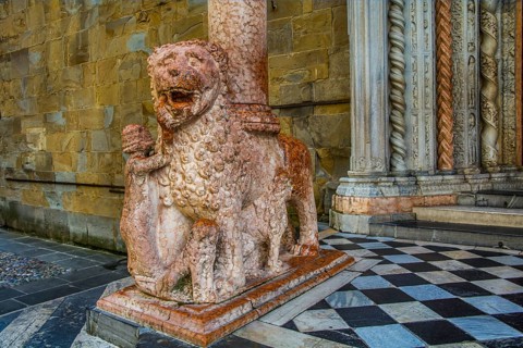 Northern entrance to the Cathedral of Santa Maria Maggiore with red lions