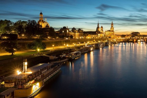 City view at blue hour with Elbe and Church of Our Lady