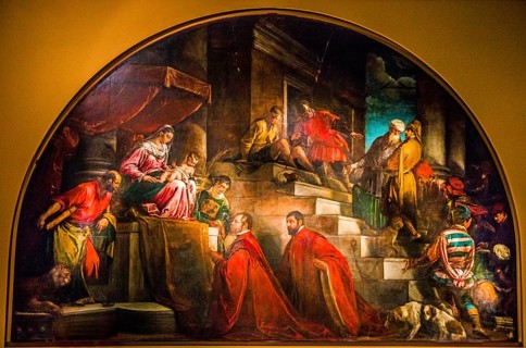 Francesco Maffei: Rectors of Vicenza Silvano Cappello and Giovanni Moro kneeling between Saint Mark and in front of Modanna