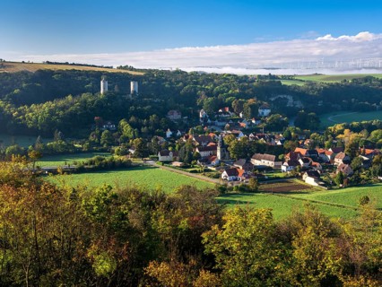 Saaleck village and castle ruins in the Saale valley in autumn