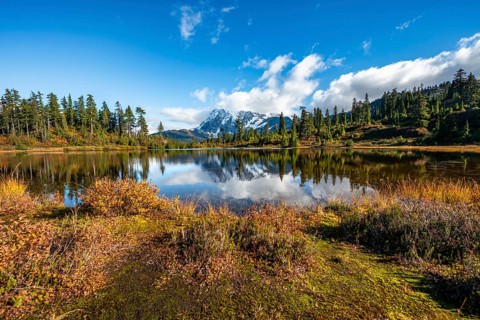 Mt. Shuksan glacier with snow reflecting in Picture Lake