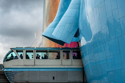 Monorail train runs through museum
