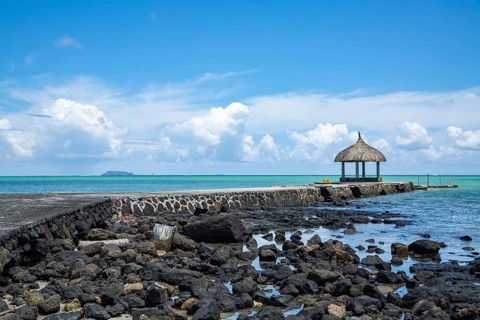 Rocky beach of Grand Gaube in the North of the republic of Mauritius