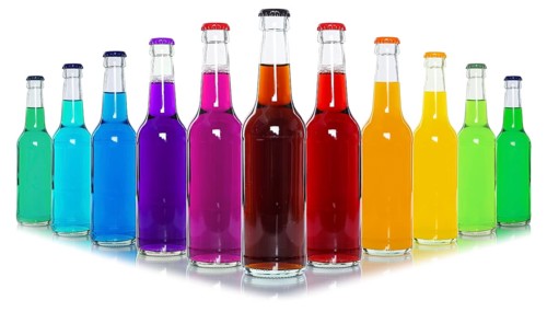 Bottles with colourful drinks
