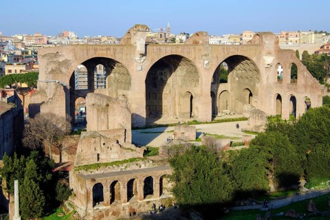 Bird's eye view of ruins of medieval porticus for trade in medicinal herbs and medicine in front