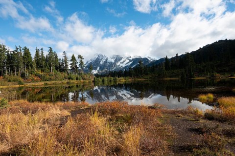 Mt. Shuksan glacier with snow reflecting in Picture Lake