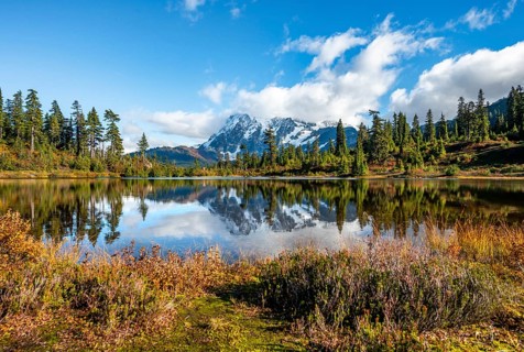 Mt. Shuksan glacier with snow reflecting in Picture Lake