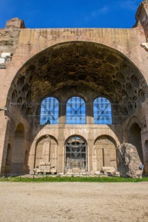 View of brick coffered ceiling in ruins of remaining side aisle of ancient Maxentius Basilica Constantine Basilica