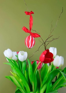 Bouquet of tulips with Easter egg
