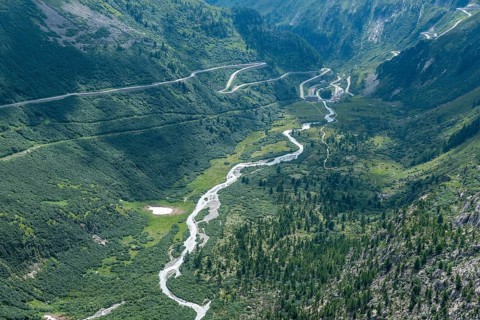 View from the Furka Road into the Rhone Valley with the Rhone River