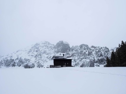 Winter landscape with alpine hut in front of snow-covered Bosruck massif