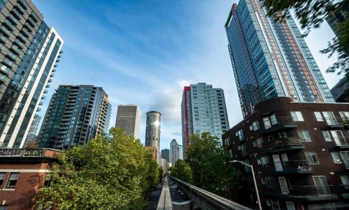 View from the Monorail Railway to skyscrapers and downtown