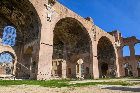 View of brick coffered ceiling in ruins of remaining side aisle of ancient Maxentius Basilica Constantine Basilica