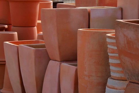 Several terracotta flower pots in nursery