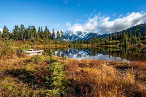 Mt. Shuksan glacier with snow reflecting in Picture Lake