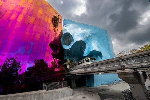 Monorail train runs through museum