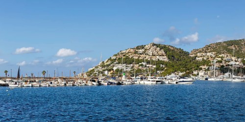 Marina harbour with boats holiday travel town on Majorca panorama