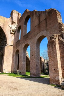 Ruin of east portal entrance of ancient former Maxentius Basilica Constantine Basilica made of brick masonry bricks