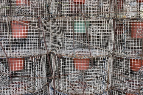 Stacked fish traps with cork buoys