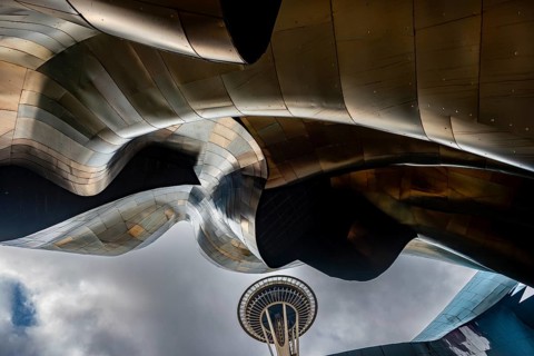 Corrugated exterior facade and Space Needle