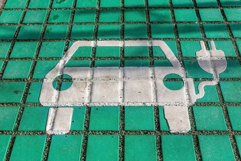 Electric vehicle symbol at charging station for electric vehicles at the Erding District Office