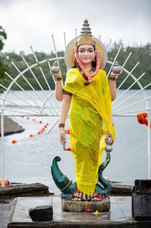 Statue of Goddess Saraswati at the sacred lake of Ganga Talao in the south of the island of Mauritius