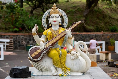 Statue of Goddess Saraswati at the sacred lake of Ganga Talao in the south of the island of Mauritius
