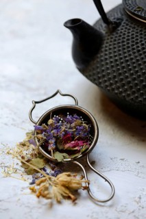 Tea blend in tea strainer