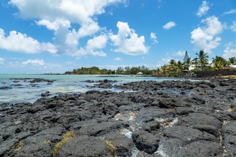 Rocky beach of Grand Gaube in the North of the republic of Mauritius