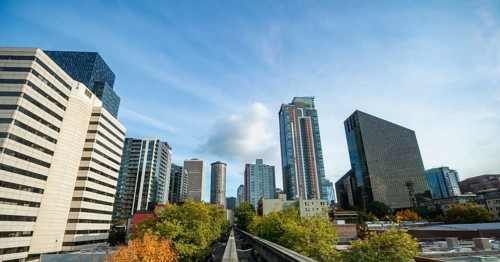 View from the Monorail Railway to skyscrapers and downtown