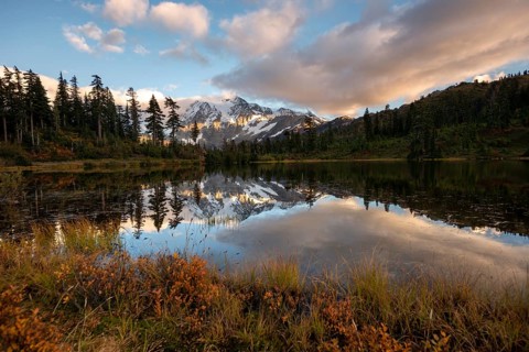 Mt. Shuksan glacier with snow reflecting in Picture Lake
