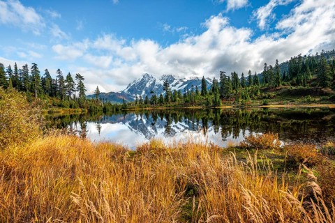 Mt. Shuksan glacier with snow reflecting in Picture Lake