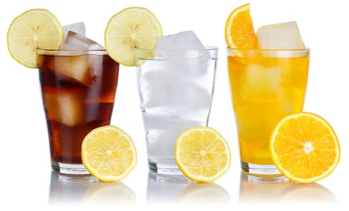 Drinks Lemonade Cola Soft drinks in a glass in a row with lemon