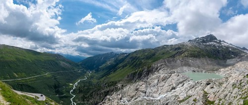 Alpine landscape with Rhone spring and view into the Rhone valley