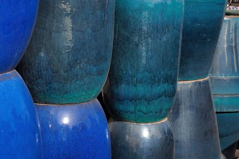 Turquoise and blue stone tubs in nursery