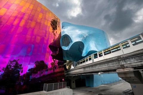 Monorail train runs through museum