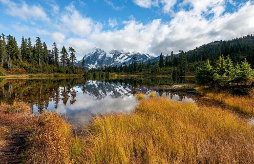 Mt. Shuksan glacier with snow reflecting in Picture Lake