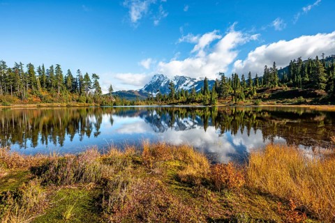 Mt. Shuksan glacier with snow reflecting in Picture Lake