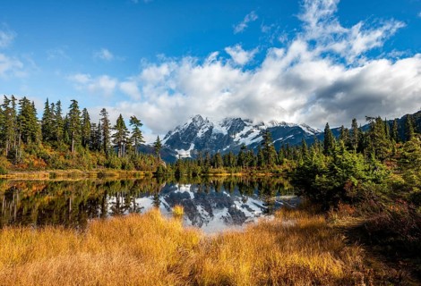 Mt. Shuksan glacier with snow reflecting in Picture Lake