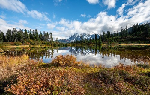 Mt. Shuksan glacier with snow reflecting in Picture Lake