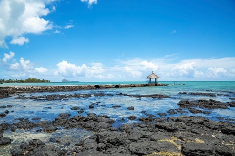 Rocky beach of Grand Gaube in the North of the republic of Mauritius