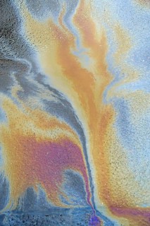 Environmentally harmful traces of oil on an asphalt road