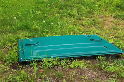 Septic tank cover in residential backyard