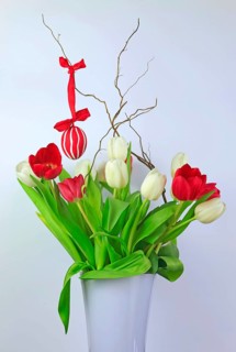 Bouquet of tulips with Easter egg
