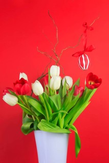 Bouquet of tulips with Easter egg