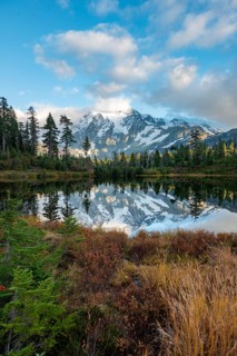 Mt. Shuksan glacier with snow reflecting in Picture Lake