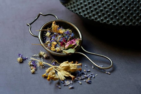Tea blend in tea strainer