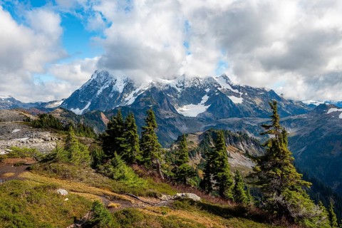 View from Table Mountain of Mt. Shuksan with snow and glacier