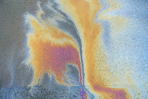 Environmentally harmful traces of oil on an asphalt road